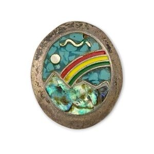 Vintage Rainbow Mountain Scene Pendant Sterling Silver Abalone Shell Turquoise
